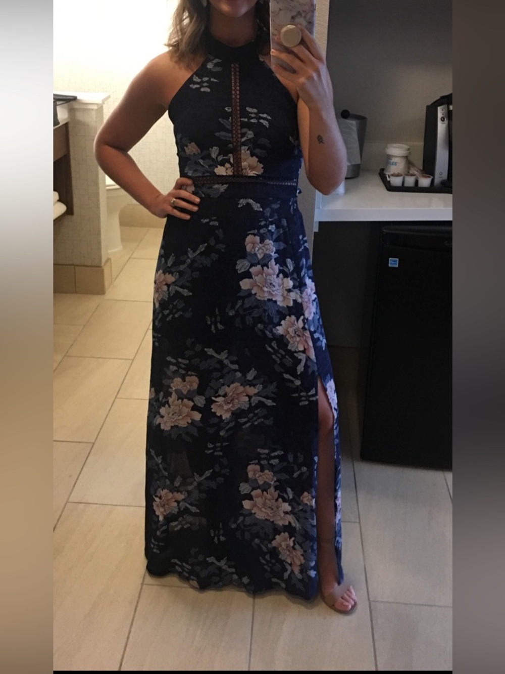 5/$25🌼 Navy Floral Halter Maxi Dress with Slit perfect for summer wedding - Picture 2 of 13